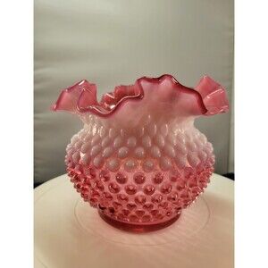 Cranberry, Pink and White Fenton Hobnail Crimped Ruffle Vase